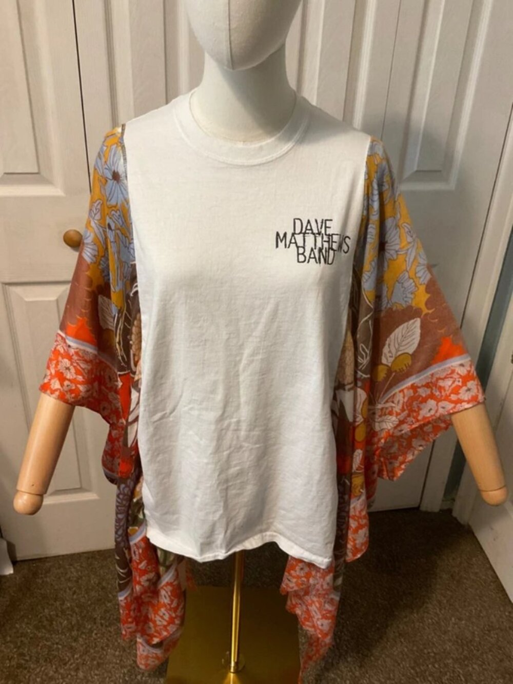 Dave Matthews Band Upcycled Graphic T-Shirt with Flowy Printed Cotton Sleeves OS